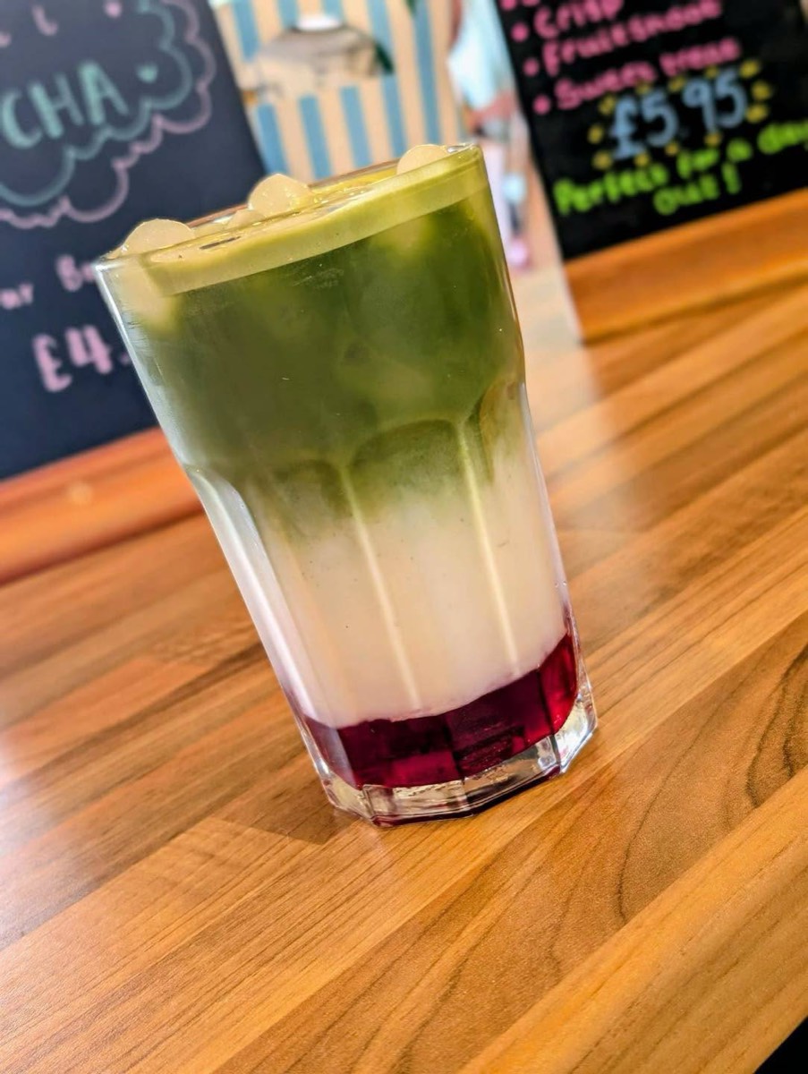Layered iced matcha drink